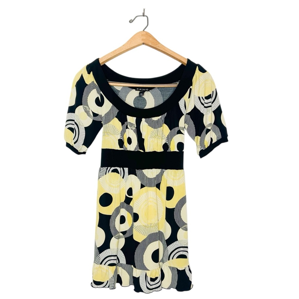 FANG Vintage Y2K Black Yellow Print Baby Doll Tunic Blouse Medium M